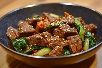 Korean beef with bok choy and kimchi