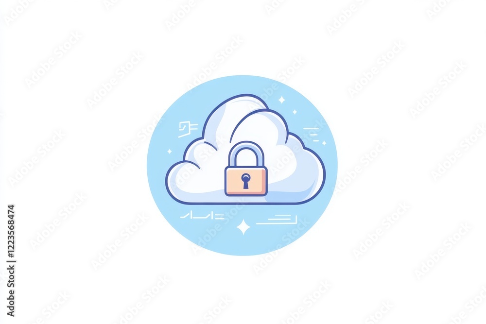 Poster a padlock and security icons, surrounded by file folders cloud outline icon in a circle on a light b