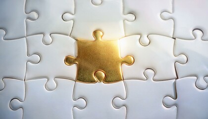 Obraz premium 수많은 흰색 퍼즐 조각들로 이루어진 테이블 위에 하나의 금빛 퍼즐 조각이 중앙에 놓여 강렬하게 빛나는 장면