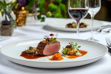 A gourmet dish in a fine dining restaurant – white tablecloth and wine glasses in the background.