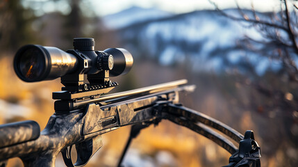 Precision Crossbows with Mounted Scopes Displayed Outdoors in Natural Settings