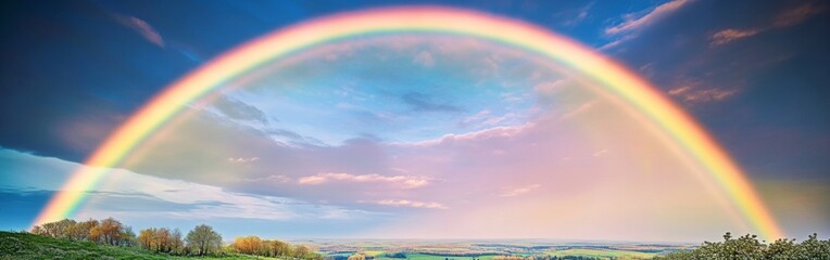 A bright spring rainbow arcs gracefully over a lush countryside, showcasing a vibrant landscape filled with fresh greenery and a clear blue sky against softly glowing clouds