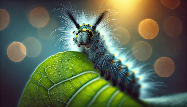 A close-up of a caterpillar with a blurred natural background. Generative AI.
