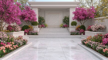 Fototapeta premium Spring garden, marble patio, blooming trees, calm background, serene landscape design