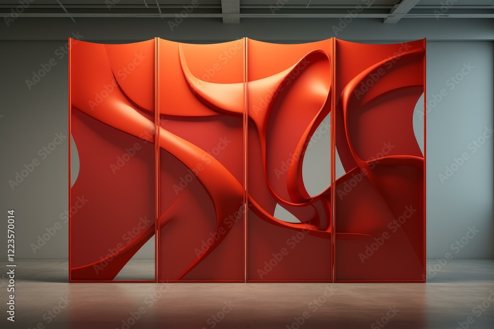 Poster room divider panels featuring flowing abstract shapes in vibrant red, adding a touch of modern art t