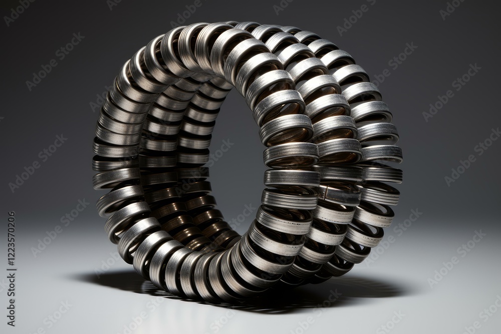 Poster studio shot of a unique circular structure created by interlocking metal rings, showcasing precision