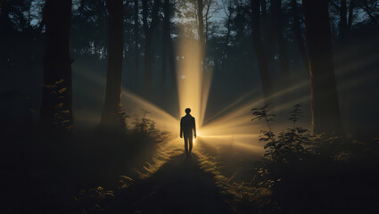 Fototapeta premium Lone Figure Standing in a Forest with Radiant Sunlight Beaming Through Trees