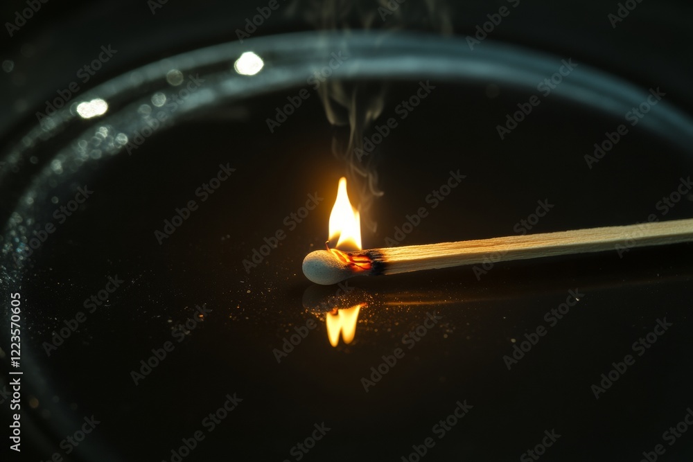 Poster a matchstick ignites with a small flame, casting light against a deep black background. the image ca
