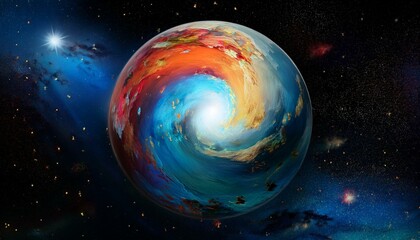 Obraz premium 암흑 공간에 떠있는 독특한 색상의 구형 행성