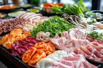 Obraz premium Korean dishes gamjatang pork spine stew hot pot braised fish spicy pork bulgogi sides salads and vegetables for a healthy meal