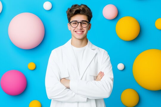 A young man with glasses and a white coat , a guy who is a doctor, a student with a smile , on a colored background