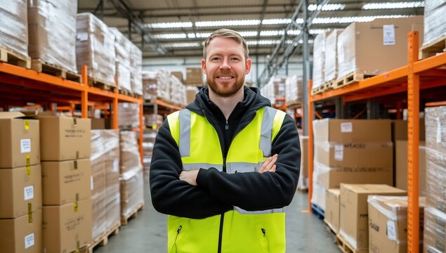 Warehouse worker smiles, arms crossed, boxes stacked
