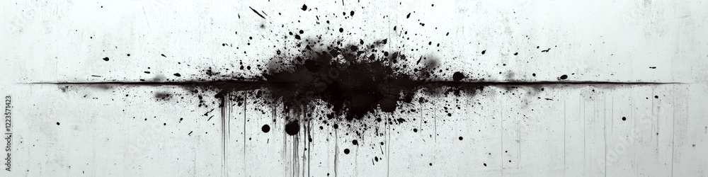Poster black ink splatter on a white background forms a horizontal abstract pattern. concept of artistic ex