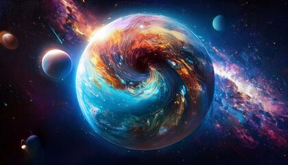 Obraz premium 암흑 공간에 떠있는 독특한 색상의 구형 행성