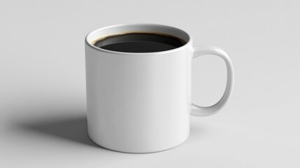 A white mug filled with dark coffee sits on a plain background