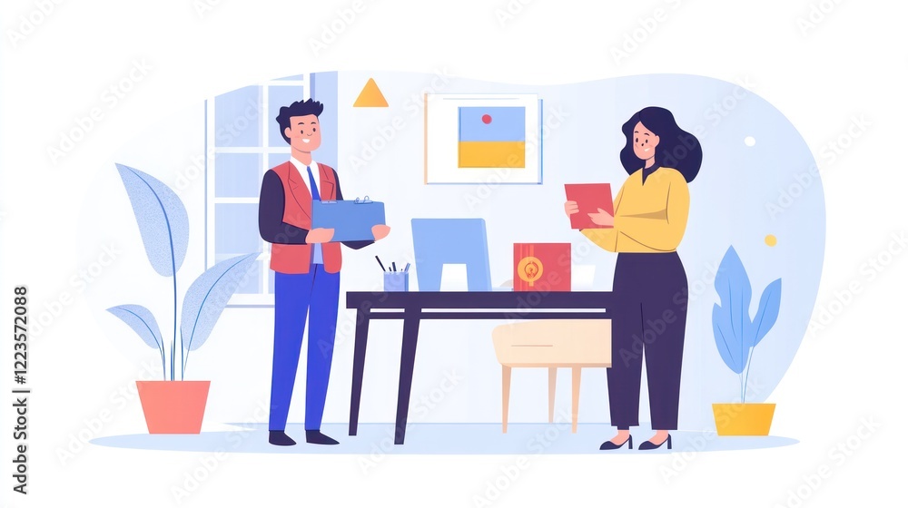 Poster colleagues collaborate on project documents in office setting