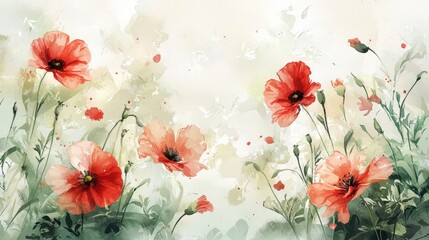 Delicate red poppies flourish in a serene garden, surrounded by lush greenery. The flowers stand out against a soft, dreamy background, evoking a peaceful atmosphere