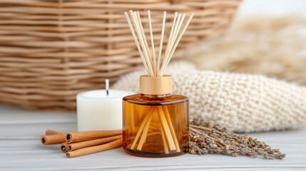 Aromatic cinnamon and lavender diffuser with candle for a cozy and tranquil home atmosphere