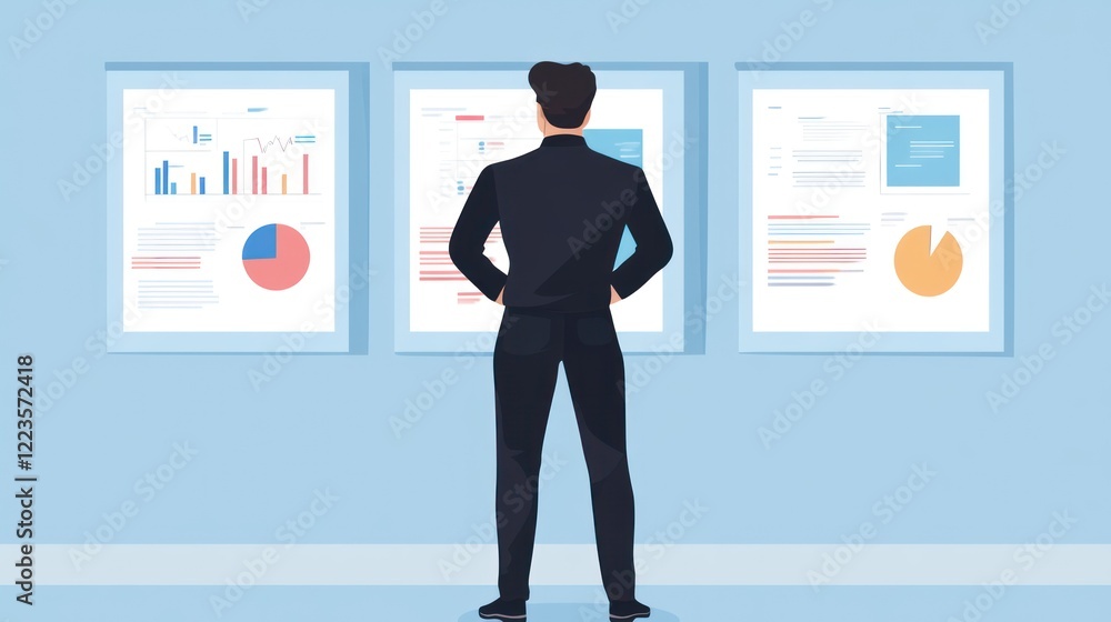 Poster Businessman Reviewing Data Charts and Graphs on Display