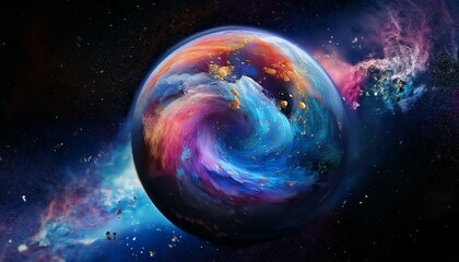 Obraz premium 암흑 공간에 떠있는 독특한 색상의 구형 행성