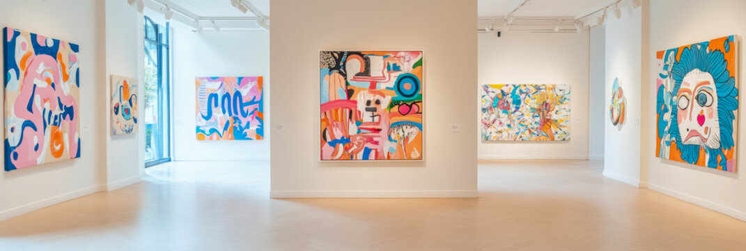 Gallery showcasing vibrant abstract and figurative paintings