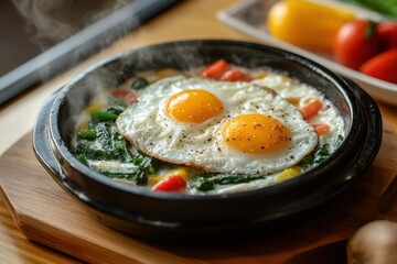 Korean steamed eggs with vegetables on a wooden table