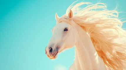 Majestic White Stallion with Flowing Mane Against a Blue Sky