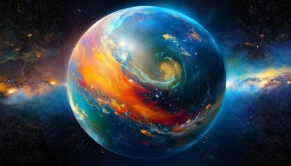Obraz premium 암흑 공간에 떠있는 독특한 색상의 구형 행성