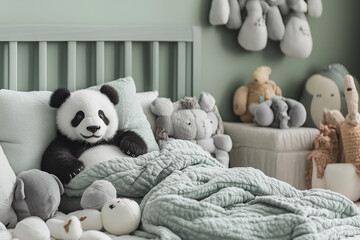 Panda plush toy in cozy green-themed nursery with stuffed animals