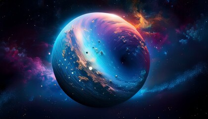 Obraz premium 암흑 공간에 떠있는 독특한 색상의 구형 행성
