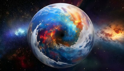 Obraz premium 암흑 공간에 떠있는 독특한 색상의 구형 행성