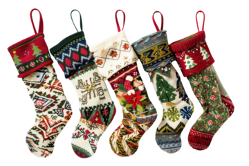 Colorful collection of festive Christmas stockings adorned with intricate patterns hanging on a white background, ready for holiday cheer isolated on transparent background