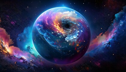 Obraz premium 암흑 공간에 떠있는 독특한 색상의 구형 행성