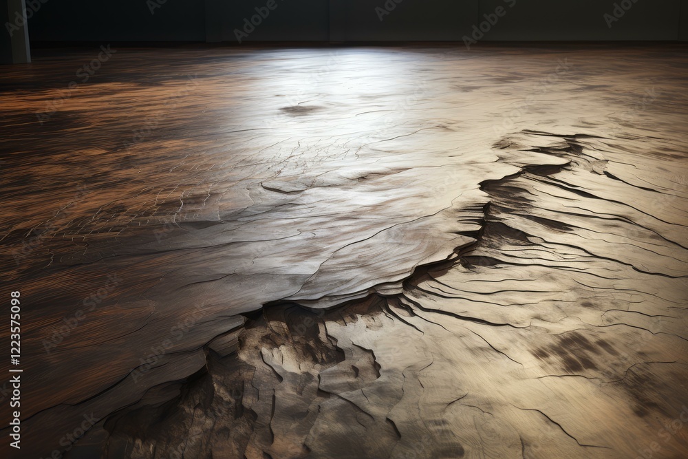 Poster light illuminates a textured dark wooden surface, highlighting intricate cracks and ridges, creating