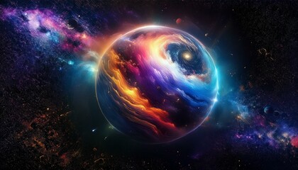 Obraz premium 암흑 공간에 떠있는 독특한 색상의 구형 행성