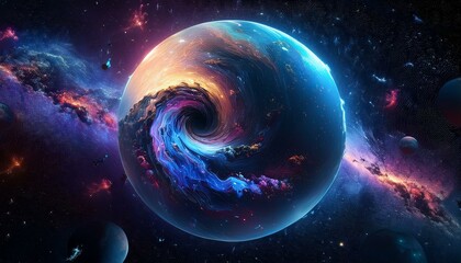 Obraz premium 암흑 공간에 떠있는 독특한 색상의 구형 행성