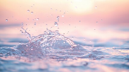 Droplets of water create a beautiful splash in a calm body of water as the sun sets on the horizon, illuminating the sky with soft pastel hues and reflecting on the surface