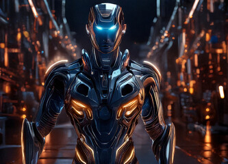 Gro&szlig;er zweibeiniger Roboter l&auml;uft die Stra&szlig;e entlang