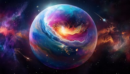 암흑 공간에 떠있는 독특한 색상의 구형 행성