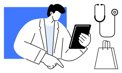 Doctor holding a tablet, stethoscope next to a shopping bag. Ideal for telemedicine, e-commerce, healthcare, digital transformation, medical apps, e-shopping and online services. Line metaphor