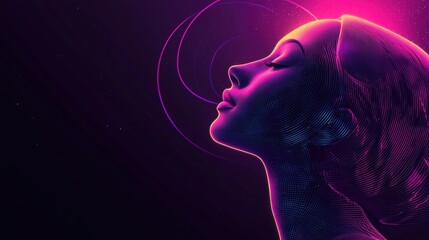 Obraz premium A woman is depicted in profile with intricate line art. Vibrant neon colors accentuate her features, creating a captivating contrast against a dark backdrop that enhances the ethereal atmosphere