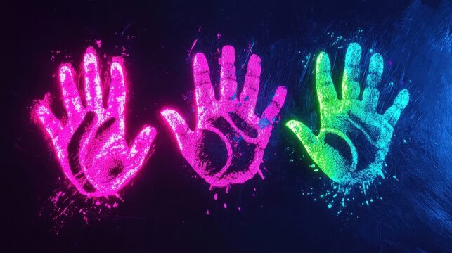 Three handprints are displayed in bright pink, purple, and green powder. The unique patterns stand out vividly against the dark backdrop, showcasing creativity and artistic expression