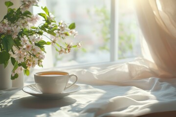Morning idea warm tea and fresh spring decor