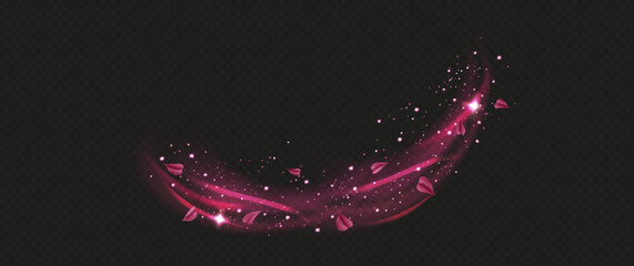 Pink fresh air or wind effect with leaves on transparent background. Vector realistic illustration with sparkling particles, sakura petals, romantic vortex, spring leaves © Liza