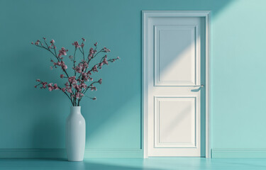 Bright white door against vibrant turquoise wall with floral arrangement in a stylish interior setting