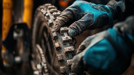 Close-up of hands in gloves adjusting dirt bike tire