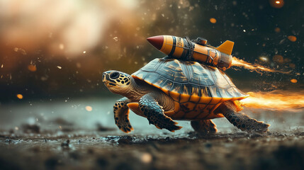 A turtle with a rocket speeding forward energetically.