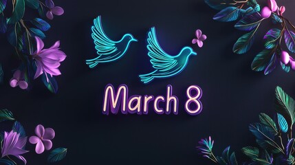 Colorful neon birds and floral elements surround the date March 8, creating an enchanting design perfect for celebrating International Women's Day with vibrancy and joy