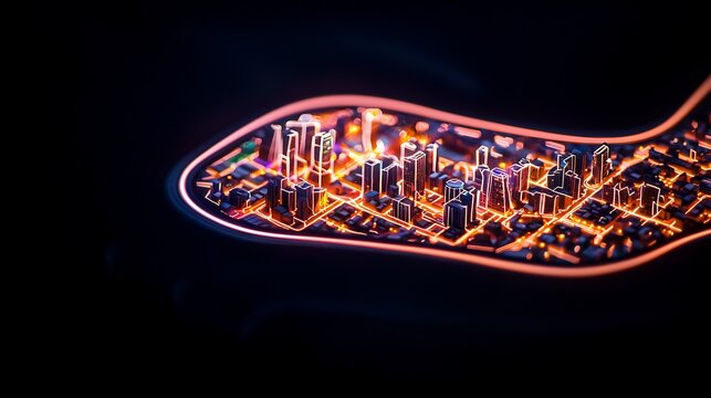 Night city miniature in hands, glowing lights, dark background; urban development concept