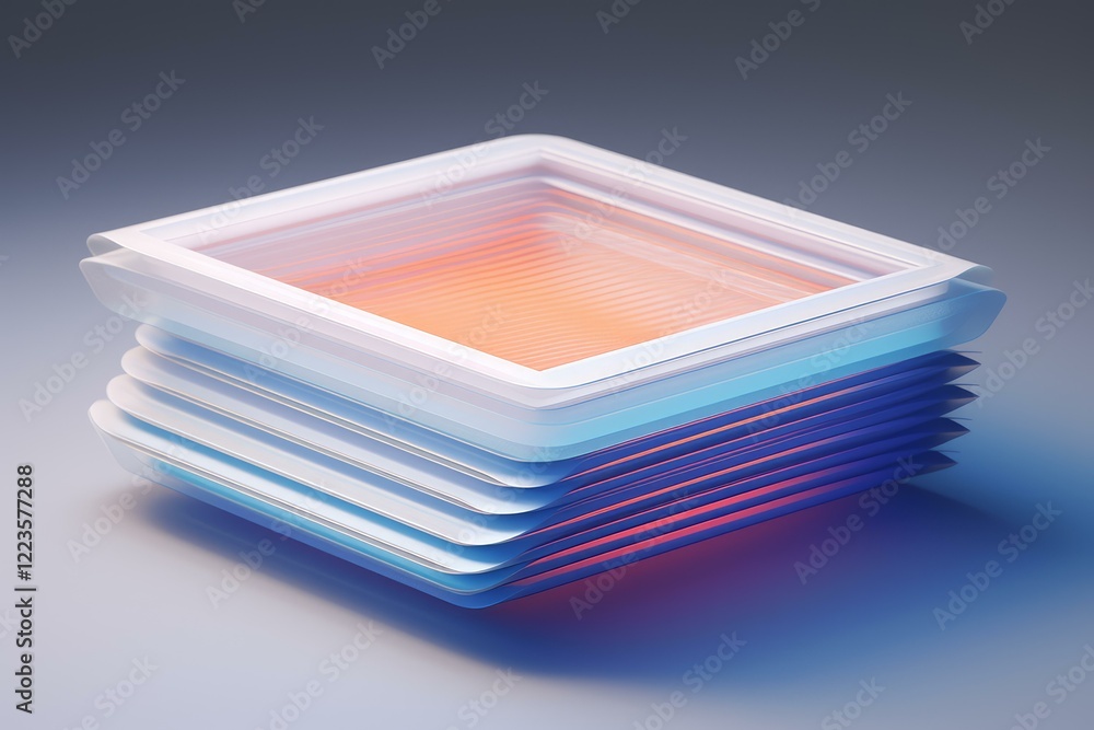 Poster multiple transparent layers stacked together, forming a colorful gradient effect with light passing 